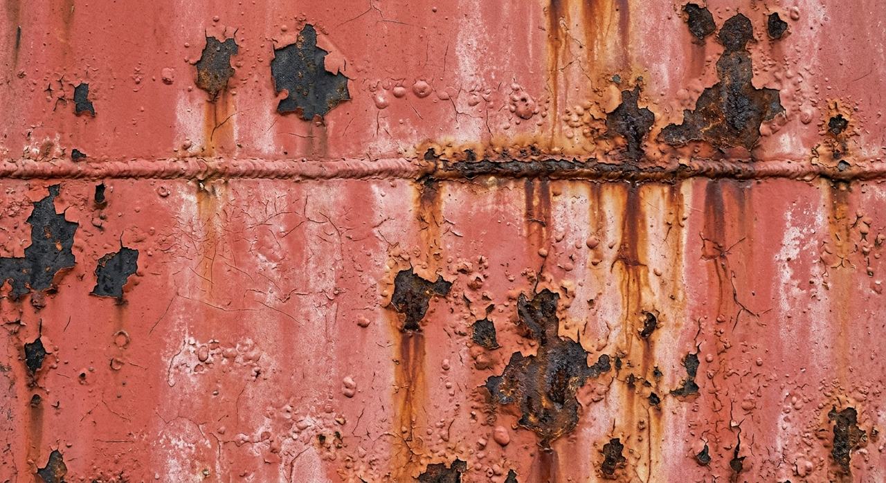 The same plate before blasting, with failed coating and corrosion around the weld seam