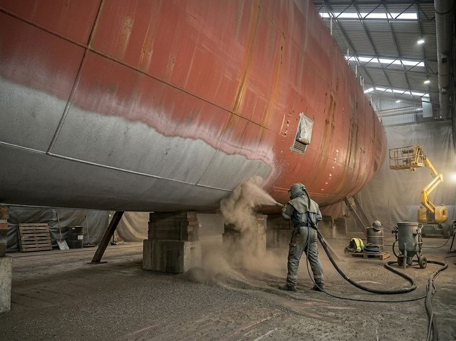 Operator blasting a ship's hull back to bare metal in a covered hall