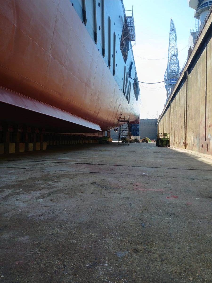 Underwater hull and bilge keel coated and standing on dock blocks