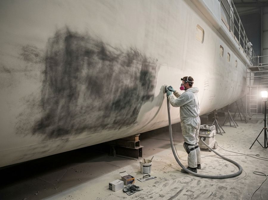 Operator sanding filler on a yacht hull with a dust-extracted sander