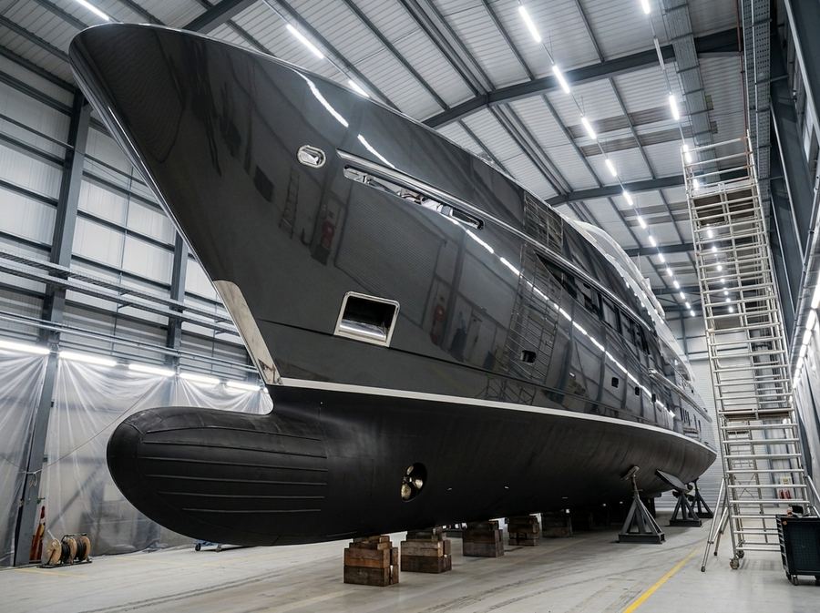 Yacht with a finished dark gloss topcoat under paint hall lighting